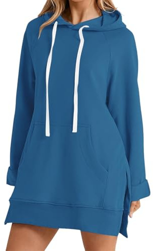 Genérico 2025 Mujer Manga Larga Monocromo Bolsillo De Longitud Media Informal Suéter Con Capucha Vestido Elegante, marine, 3XL