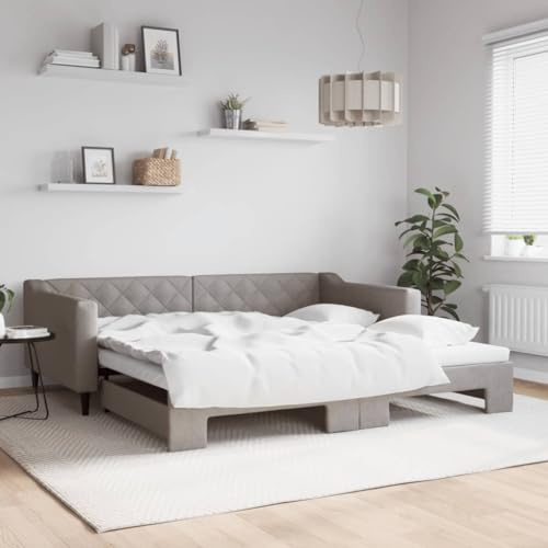 Teenpull Tagesbett Ausziehbar Taupe 100x200 cm Stoff, Modernes Polsterbett Rahmen mit Kopfteil, stabile Basis, erweiterbar zum Doppelbett, vielseitige Schlafcouch