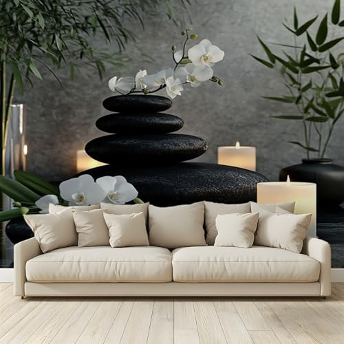 Fond D'Écran 3D Mural Orchidées zen pierres noires et blanches Papier Peint Intissé Tapisserie Murales Panoramique 3D Mur de Fond Tv Papier Peint Chambre Enfant Adulte Poster Murales 350x256Cm A141