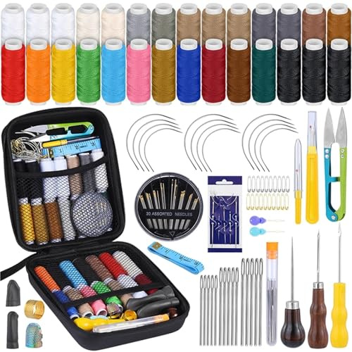 1 set di kit for cucire in pelle, riparazione tappezzeria, strumenti for con filo da cucito, aghi curvi, punteruolo, scucitore, ditale, forbici per adulti, principianti(Type2)