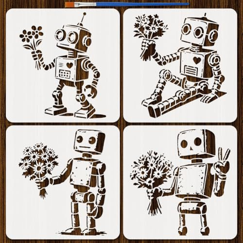 FINGERINSPIRE 4 Roboter Malschablone 30x30cm Roboter Und Blumenschablonen Wiederverwendbare PET Vorlagen 4 Graffiti Stile Mit Pinsel Für Holzwände DIY Bastelarbeiten Heimdekoration
