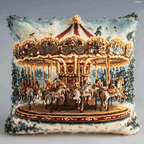 XDEGHUANGSS Kit de coussin latch hook 43x43 cm,Tapisserie point noué DIY avec motif pré-imprimé,kit de broderie fait main pour débutants et adultes,décoration intérieure(Carrousel)