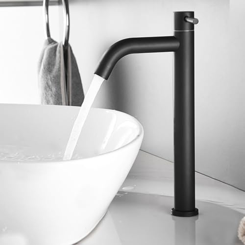 Wasserhahn Bad Hoch Schwarz Ein Loch Kaltwasser Armatur für Aufsatzwaschbecken aus Edelstahl,Schwarz