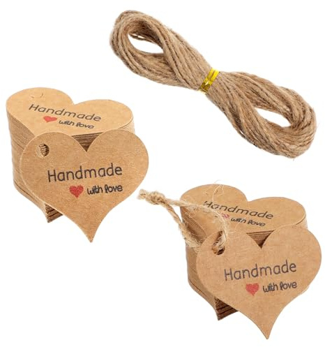 WJIAAA 300 Stück Herz Geschenkanhänger, Kraftpapier Herz Hand Made With Love Handmade Label, Juteschnur 20M Hochzeit Papieranhänger für Valentinstag Weihnachten Geschenke Geschenkverpackung