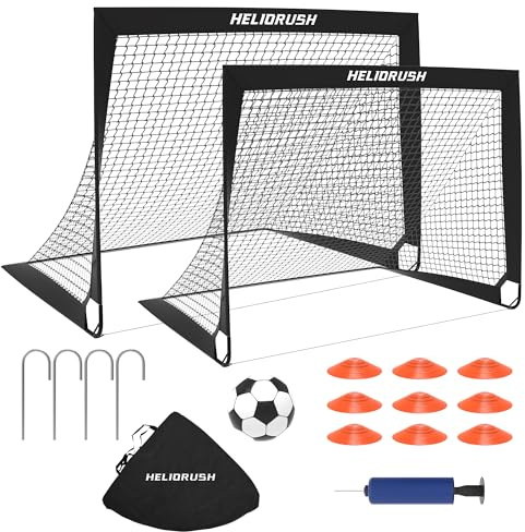 HELIORUSH Fussballtore für Garten Kinder 2er Set - 120x90cm Fußballtor mit 420D Oxford-Gewebe & L-Metallverbindung - Inkl. Fußball Gr. 3, 9 Trainingskegel, Pumpe & Tasche - Stabiles Pop Up Tor