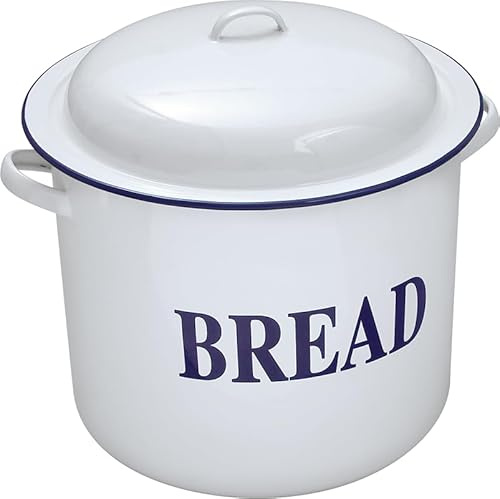 Vintage Gourmet® Large Enamel Traditional Classic Blue & White Round Bread Bin Size 28cm Wide x 25cm Height Heavy Gauge Vitreous Enamel on Steel,Keeps Bread Fresher for Longer, Hygienic Easy to Clean