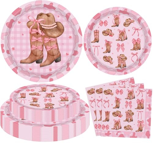 60-delars set med stövel- och rosetter festdekorationer Coquette Bow Cowgirl partytillbehör till födelsedag, tallrikar och servetter i västerländska cowgirl stil för barndekorationer och gästkök