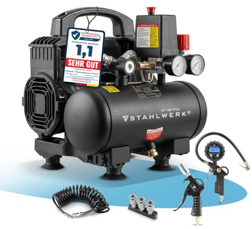STAHLWERK Compressore con serbatoio da 3 l (ST-38 PRO) - con accessori - senza olio e silenzioso, 8 bar, 1,6 CV, 1,18 kW, 190 l/min, compressore ad aria compressa con motori brushless, compressore