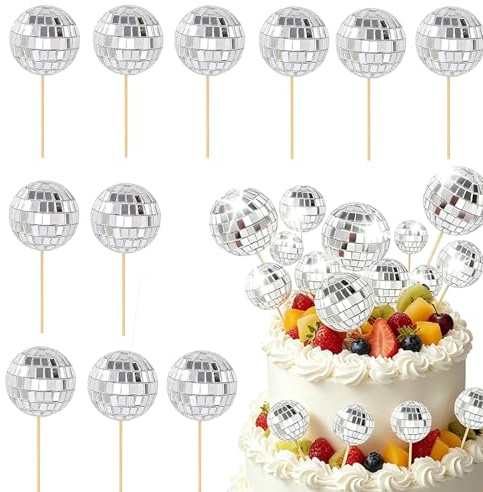 18 PCS Disco Ball Cake Decorations, Mini Silver Mirror Cake Toppers, Shiny Disco Balls with Wooden Sticks, Reusable Party Cake Decor for 70s Theme Birthday, Cupcakes, Desserts, Weddings(Silver)