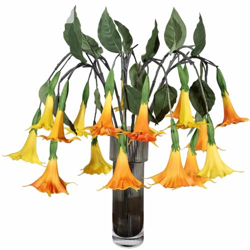 3 Bunches 25″Artificial Datura Flowers Realistic PU Artificial Angel‘s Trumpet Flowers Fake Petunias Flower Stems Faux Trumpet Shaped Plants Branch for Vase Home Office Wedding Party Decor(orange)