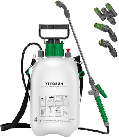 VIVOSUN Drucksprüher 4L, Pumpsprüher mit 3 Düsen, Druckentlastungsventil & verstellbarem Tragegurt, Gartenspritze für Pflanzen, Rasenpflege & Reinigun