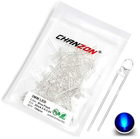 Chanzon 100 pcs 3mm Blinking Blue LED Diode Lights 1.5Hz Flashing (Clear Round Transparent DC 3V 20mA) Bright Lighting Bulb Lamps Electronics Components Indicator Light Emitting Diodes