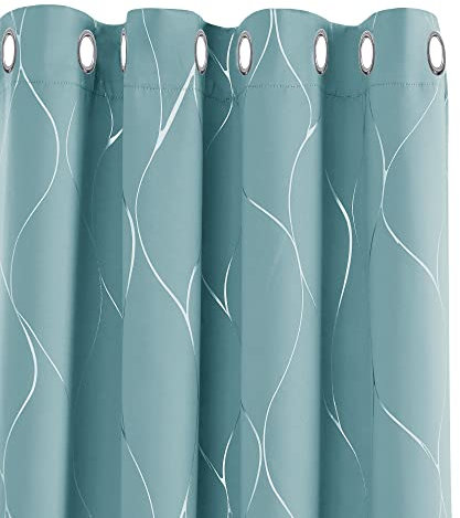 Deconovo Thermal Insulated Eyelet Blackout Curtains, Silver Wave Line Foil Printed Curtains for Living Room Windows, 46 x 90 Inch(Width x Length), Sky Blue, one pair