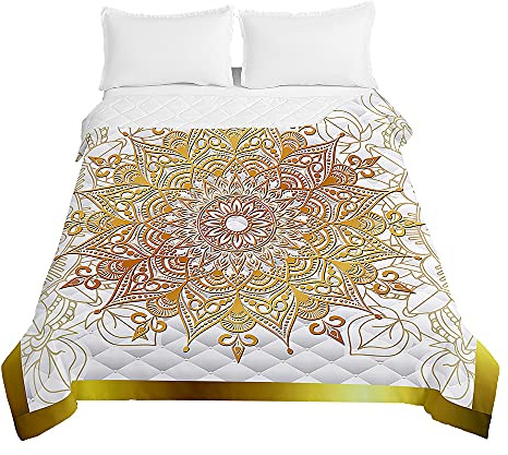 Surwin Tagesdecke Bettüberwurf Steppdecke für Doppelbett Einzelbett,Mikrofaser Wattiert Gesteppt Bettdecke 3D Mandala Druck Dünne Tagesdecken mit Ultraschall Prägung (Würdevolles Gold,180x220cm)