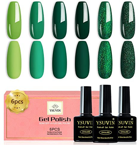 YSUVIN UV Nagellack Grün, 6 Stück Grün Glitzer Gel Nagellack Soak-Off UV Nagellack Set für Anfänger DIY Nail Art Maniküre Salon, Langlebig, 8ML
