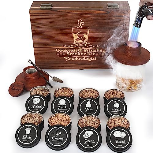 SMOKEOLOGIST Whiskey, Cocktail, and Old Fashioned Smoker Kit with Torch – includes 8 Unique Natural Wood Flavors, Luxury Wooden Box Gift Packaging, Premium Butane Torch (butane fuel not included)