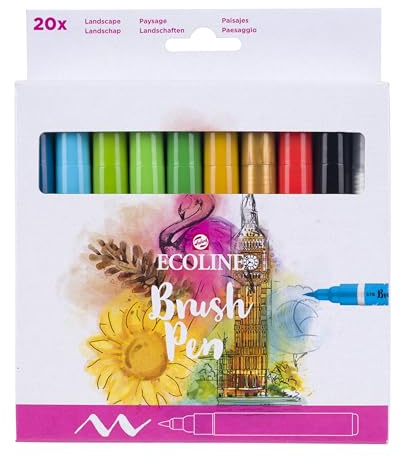 Ecoline Brush Pen-Set mit 20 flüssigen Aquarellstiften – Grundfarben | Mischbare Pinselstifte für Handlettering, Zeichnen und Basteln