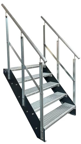 Kaminbau Mierzwa Premium Stahl Treppe mit beidseitig verzinktem Geländer/Wangen Anthrazit RAL 7016/5 Stufen verzinkt (Breite 800 mm) (Höhe 95 cm) Wetterfest Gitterroststufe Gartentreppe