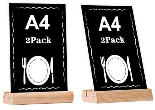 EACHPT Tischaufsteller A4, Acryl Tischaufsteller mit Holzfuß Buche 2 Stück A4 Hochformat Dualer Kartensteckplatz, Aufsteller Schild Präsentationsständer für Firmen Büros,Menükartenhalter | Doppelseitiger Displayständer, für Preisschilder & Menükarten, für Restaurants, Cafés, Büros