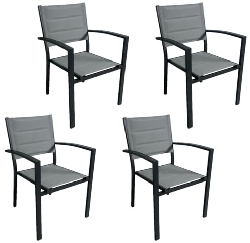 MOMMA HOME Pack 4 Sillas Terraza Exterior - Jardin Asiento y Respaldo Acolchadas con Reposabrazos, Material Textiline y Aluminio, Color Gris, Medidas 87,5 x 56,5 x 57,5 cm