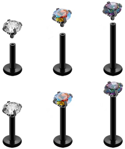 Kiethleasa 16G 18G Tragus Labret Lip Piercing Jewelry Black, Internally Threaded Surgical Steel CZ Studs for Women Men, 6mm 8mm 10mm Labret Nose Stud Cartilage Helix Medusa Conch Piercing Jewelry