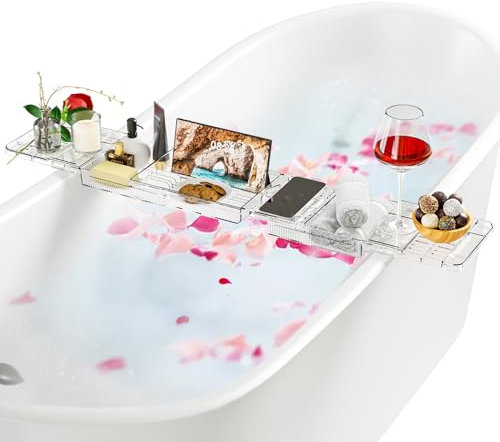 Bandeja Bañera Plastico, Bandeja de Baño Extensible, Estante para Bañera Transparente 80-120cm, Accesorios Baño para Copas de Vino, Libros, Tabletas, iPad y Teléfono, Regalo Distintivo