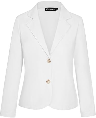 Kyzoeyou Blazer décontracté à manches longues en coton et lin pour femme avec revers cranté classique à manches longues, vestes de travail, blazers doublés sur le devant avec boutons, Couleur : blanc