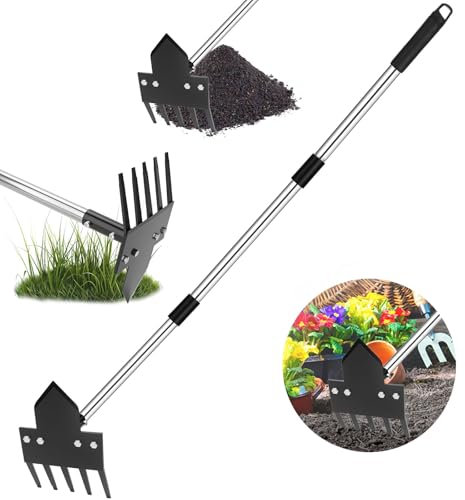 Hutigertech 2-in-1 Unkrautstecher mit Stiel 5-Zinken-Rechen – 30 bis 60 Verstellbarer Griff, Gartenschaufeln für das Lockern von Erde, Pflanzen und Unkrautbekämpfung