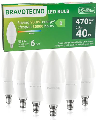 bravotecno Ampoule E14 LED, Classe Énergétique B, Ampoule E14 Blanc Froid 6500K, 2,5W 470LM C37, Équivalent à 40W, Angle de Faisceau 360°, Non-Dimmable, Chaleur Faible & Durable, Lot de 6