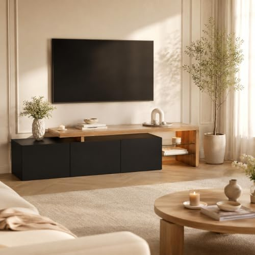 OLIVIBED Mueble bajo para TV con Espacio de Almacenamiento, Mesa de televisión con 3 Puertas y Estante de Cristal, Banco de TV para televisores de hasta 85 Pulgadas, aparador para salón, Color Negro