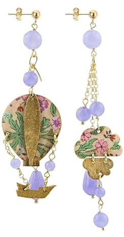 Lebole Orecchini Donna, Orecchini Donna Pendenti Eleganti e Leggeri, con Tessuti di Antichi Kimono Giapponesi, Pietre Naturali e Ottone Galvanizzato Oro, Gioielli Donna Artigianali Made in Italy
