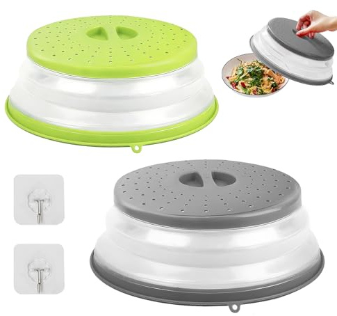dellyy Tapa Microondas Libre BPA, 2 Piezas Funda para Microondas 3 en 1, Microwave Cover con 2 Ganchos, Plegable, Tapadera, con Ventilación de Plástico (B, 27CM)
