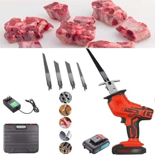 Genérico Cortador de Huesos LED Sierra de Inalámbrica Portátil Batería Recargable Sierra Manual Eléctrica 220V Kit con 5 Hojas para Madera Metal Plástico Huesos(2 Battery)