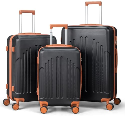 LEADZM Set de 3 Valises de Voyage (Noir-Brun) | Valise Grande Taille & Cabine, Valise Soute Ridide en ABS, Bagages Cabine avec roulettes Pivotantes 360° et Cadenas