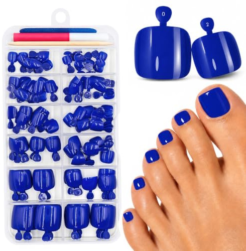 120 Pièces Bleu Faux Ongles Pieds, 12 Tailles Court Carré Faux Ongles D'orteil avec Colle, Réutilisables Acrylique Couverture Complète French Capsule Ongle Pied pour Femmes Filles DIY Manucure