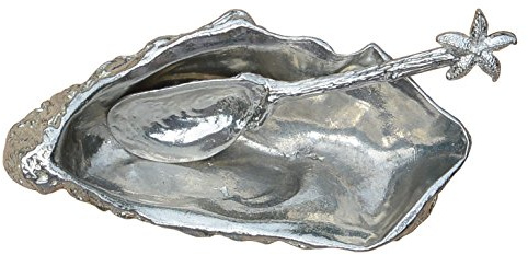 Zinn Auster-Schale Salz-Sch�ssel, Mit Muschel-Schale L�ffel. Hand Gegossen von William Sturt.