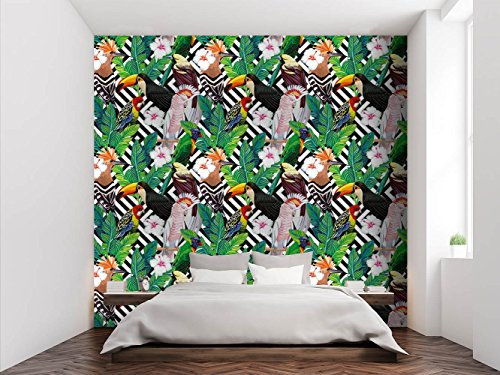 Fotomurale in vinile e carta da parati con stampa di uccelli e fiori tropicali, con sfondo geometrico vintage, per parete, in vinile, decorazione da parete, varie misure 100x70cm