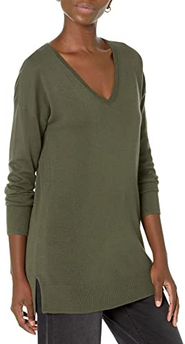 Amazon Essentials Women's Regular Fit Lightweight Long-Sleeved V-Neck Tunic Jumper (Available in Plus Size), Dark Olive, XXL