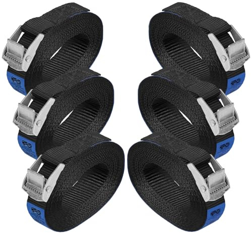 Correa de Amarre cinturón de Amarre con Hebilla - Negro - en Diferentes Longitudes y cantidades Resistente a 250 kg DIN EN 12195-2, 6 Piezas 2.5 cm x 2.5 m