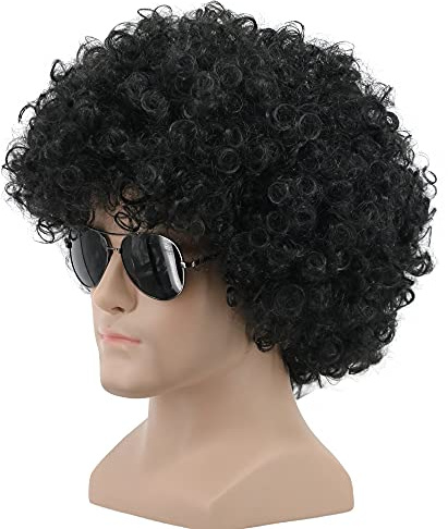 Yuehong Kurze Lockige Schwarze Afro Perücke 70er 80er Disco Unisex Perücke | Hitzebeständige Synthetische Fasern Weich Langlebig Atmungsaktive Haare für Herren Damen (Schwarz)