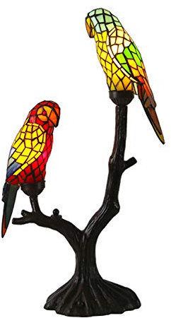 Tiffany Style Parrots Table Lamps Antique Stained Glass Desk Lamps 2-Light Bedside Lights for Living Room Bedroom Bedside Cafe Bar, 25.5 Tall