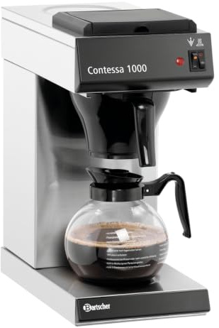 Bartscher Kaffeemaschine Contessa 1000 mit Glaskanne 1,8 l, Warmhalteplatte, Edelstahlheizelement, für Gastronomie, silber/schwarz
