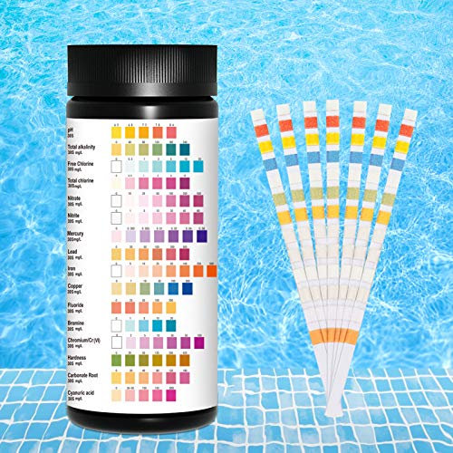 Huahuanghui Tiras de Prueba de Agua,100 PiezasTiras Piscinas,Tiras de Analisis de Agua,Tiras de Prueba,16 en 1 Prueba de Calidad de Agua,comprobador de pH para Suelo,Prueba de Agua Potable