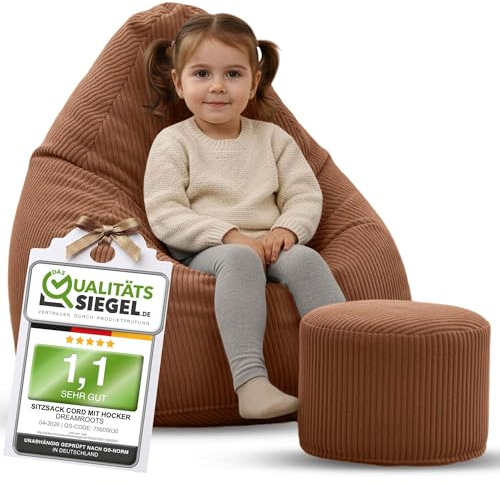 DreamRoots Sitzsack Kinder Cord 70x70x105 mit Hocker, Brown Bear | Bean Bag Chair mit Hocker, Lehne & Bezug, mit Füllung, Sitzkissen Boden, Kindersitzsack Kinderzimmer