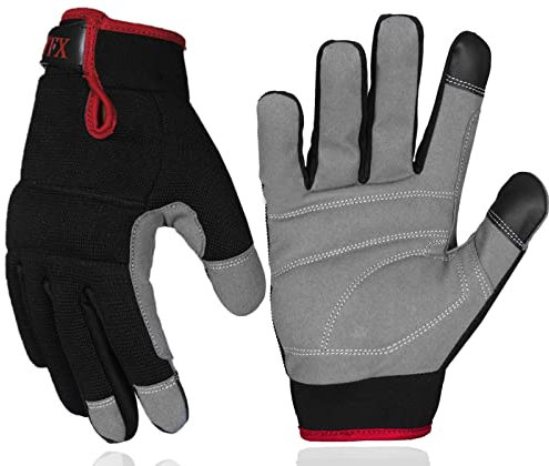 Mens Work Gloves Utility Touch Screen Breathable Spandex Rigger Padded Knuckles Working Mechanic Palm Safety Builder Dexterity Construction Gardening Camping Driving (M, Red)