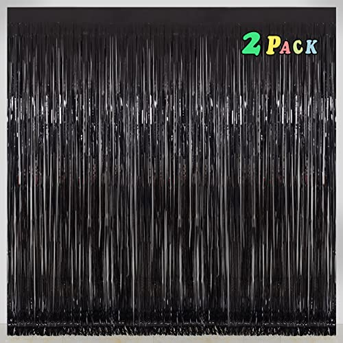 Black Tinsel Fringe Backdrop Curtains for Parties, Melsan 3.2 x 8 ft Black Streamer Photo Backdrop for Birthday, Graduations, New Year Eve Party Decor - Pack of 2