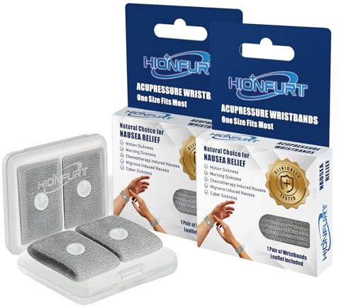 Hionfurt Travel Sickness Bands for Adults and Kids Motion Sickness Wristbands for Car and Sea Sickness Anti Nausea and Pregnancy Morning Sickness Relief Acupressure Wristbands - 2 Pairs Grey, Grey