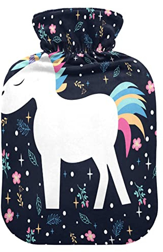 Wärmflasche mit niedlichem Blumenmotiv und Einhorn-Motiv, 2 l, transparent, für Krämpfe, Rücken, Schultern, Hand- und Fußwärmer