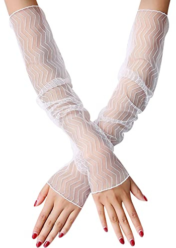 Handschuhe für Damen, Sommer Elegant Spitze Lang Handschuhe Armstulpen Sonnenschutz Fingerlose Handstulpen Hochzeit Brautstulpen Fahrhandschuhe für Hochzeit Party Karneval,Weiß #3