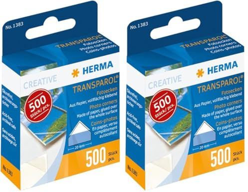 HERMA 1383 Fotoecken, 500 Stück, selbstklebend transparente Fotokleber Ecken für Fotoalbum, Scrapbook, Hochzeit, Fotobuch, Klebepads für Fotos in Spenderbox (Packung mit 2)